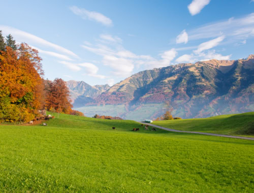 Auf dem Bild sieht man das herbstliche Bergpanorama der Sachlser Berge von der Sicht aus Stalden in Obwalden.